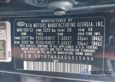 2013 Kia Sorento Lx V6 z USA, uszkodzony, nr VIN 5XYKT4A2XDG315699